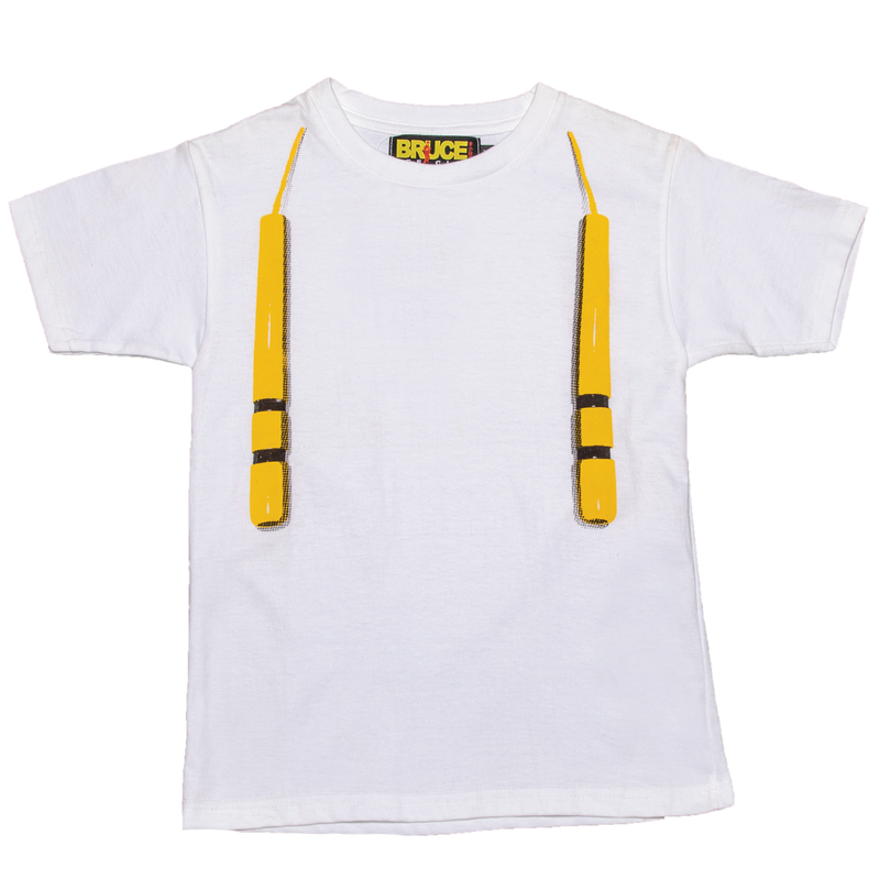 #T005 クールネック半袖 黄色ヌンチャクプリント 子供Tシャツ