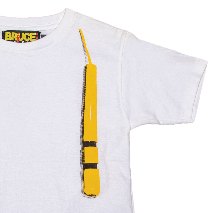 #T005 クールネック半袖 黄色ヌンチャクプリント 子供Tシャツ