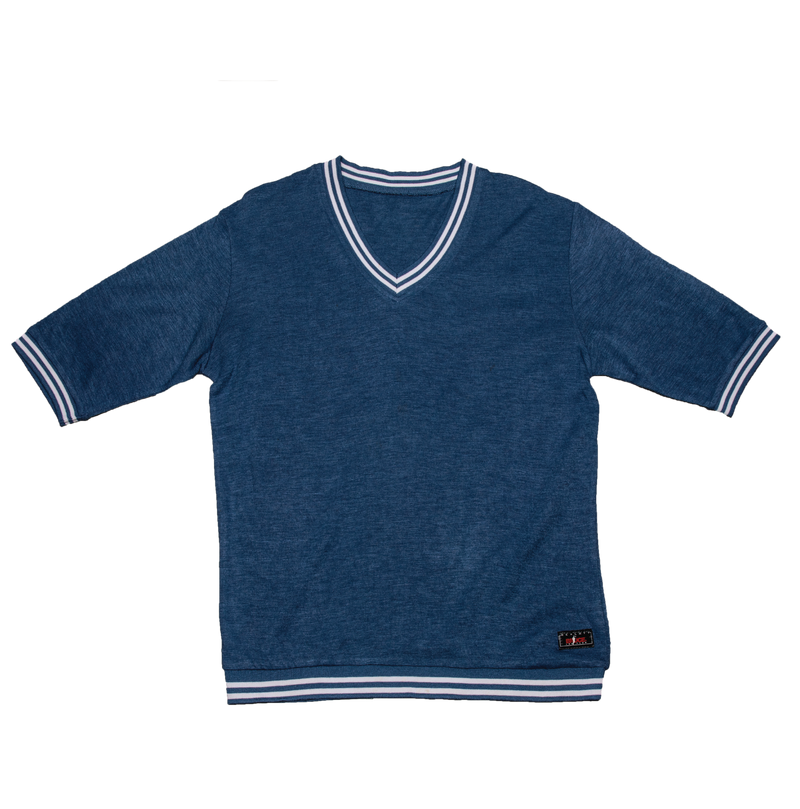 #T012 Bruce Lee Club Blue Striped V-Neck Cotton Mid-Sleeve T-shirt - Bruce Lee Club