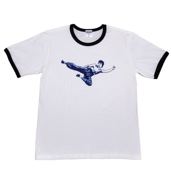 #T016 Bruce Lee Club 會員T-shirt 黑邊圓領白色短袖T裇（藍色印花）